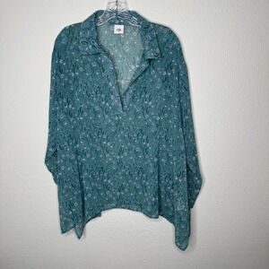 Cabi Womens Green Floral Print Collared Long Sleeve Top Size M